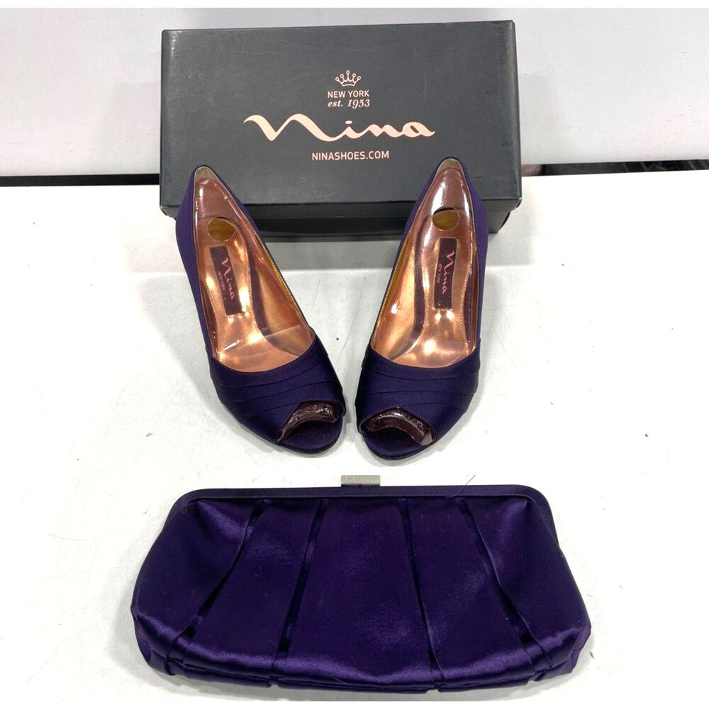 Nina New York Purple Satin Peep Toe Heels Size 6M & Matching Pleated Clutch Set